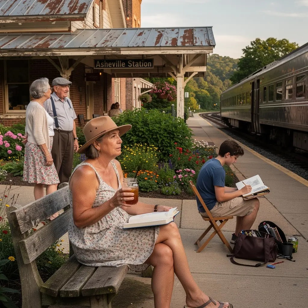 Ночной поезд, освещенный огнями, движущийся по мосту над рекой.