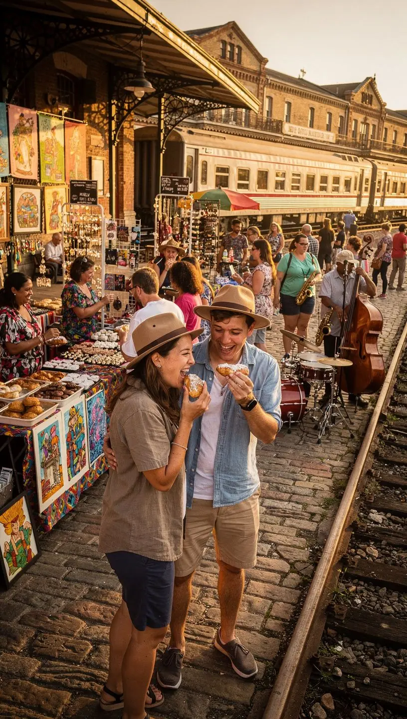 Станция с исторической архитектурой, окруженная цветущими деревьями.