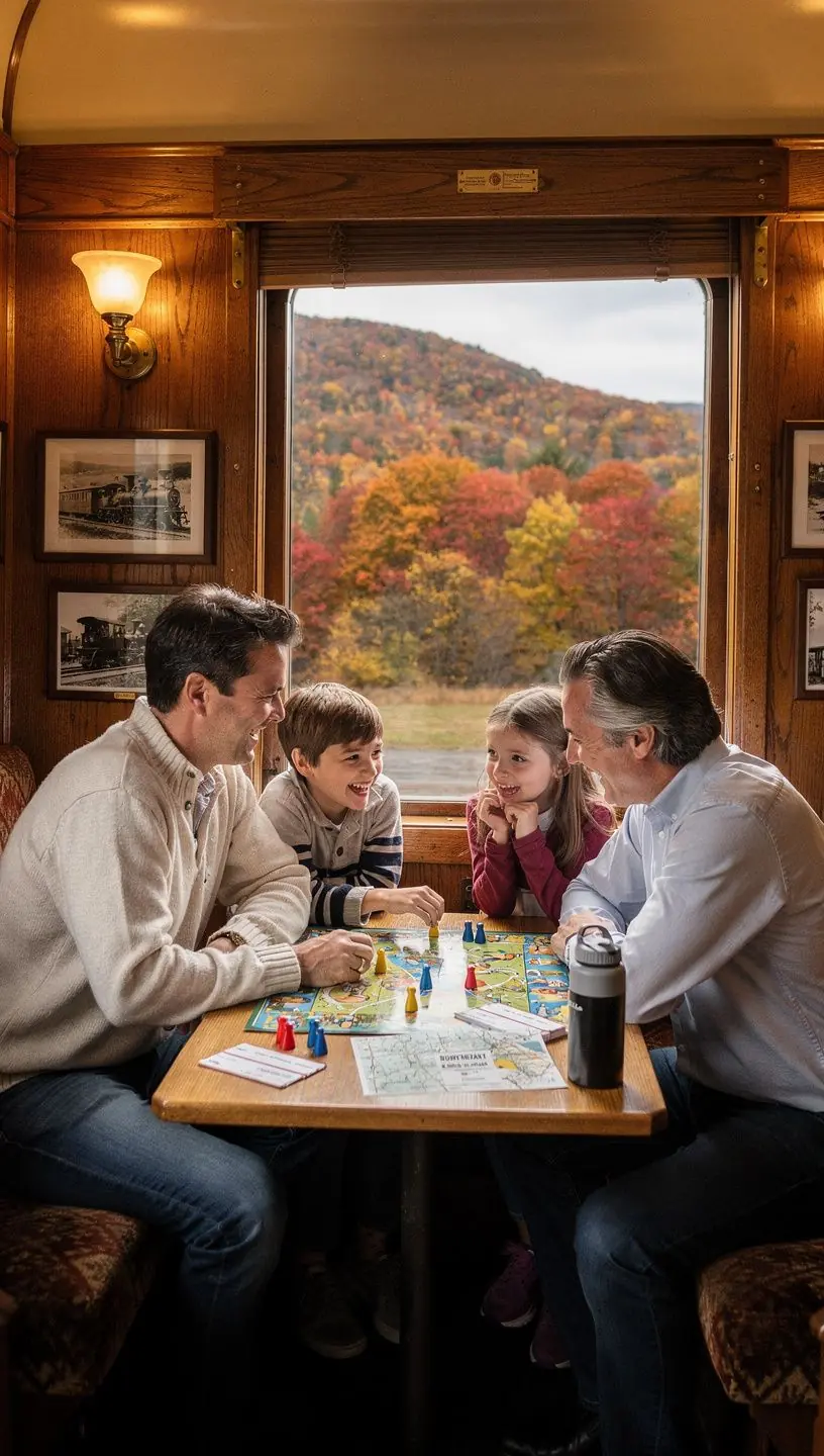 Уютный вагон поезда, где люди читают книги и пьют кофе.