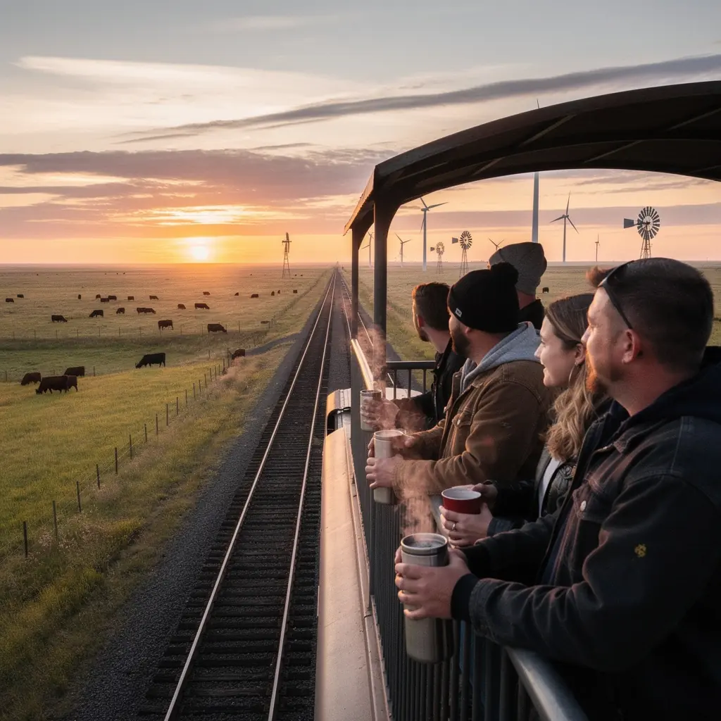 Железнодорожный поезд, проезжающий через живописные горные пейзажи США.