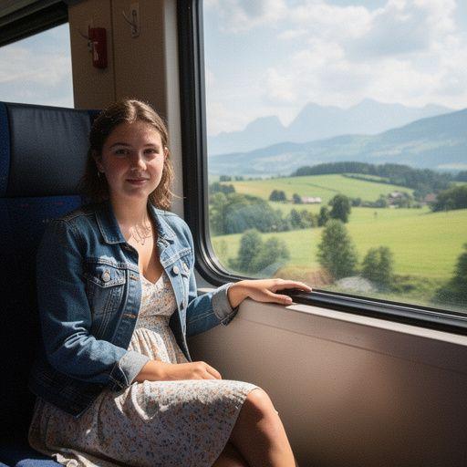 Пассажиры наслаждаются видами из окна поезда во время путешествия по цветущим полям.